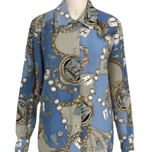 Vintage Notations Womens Sz 6 Blue Coastal  Oceanic Ship  Anchor Button  Blouse